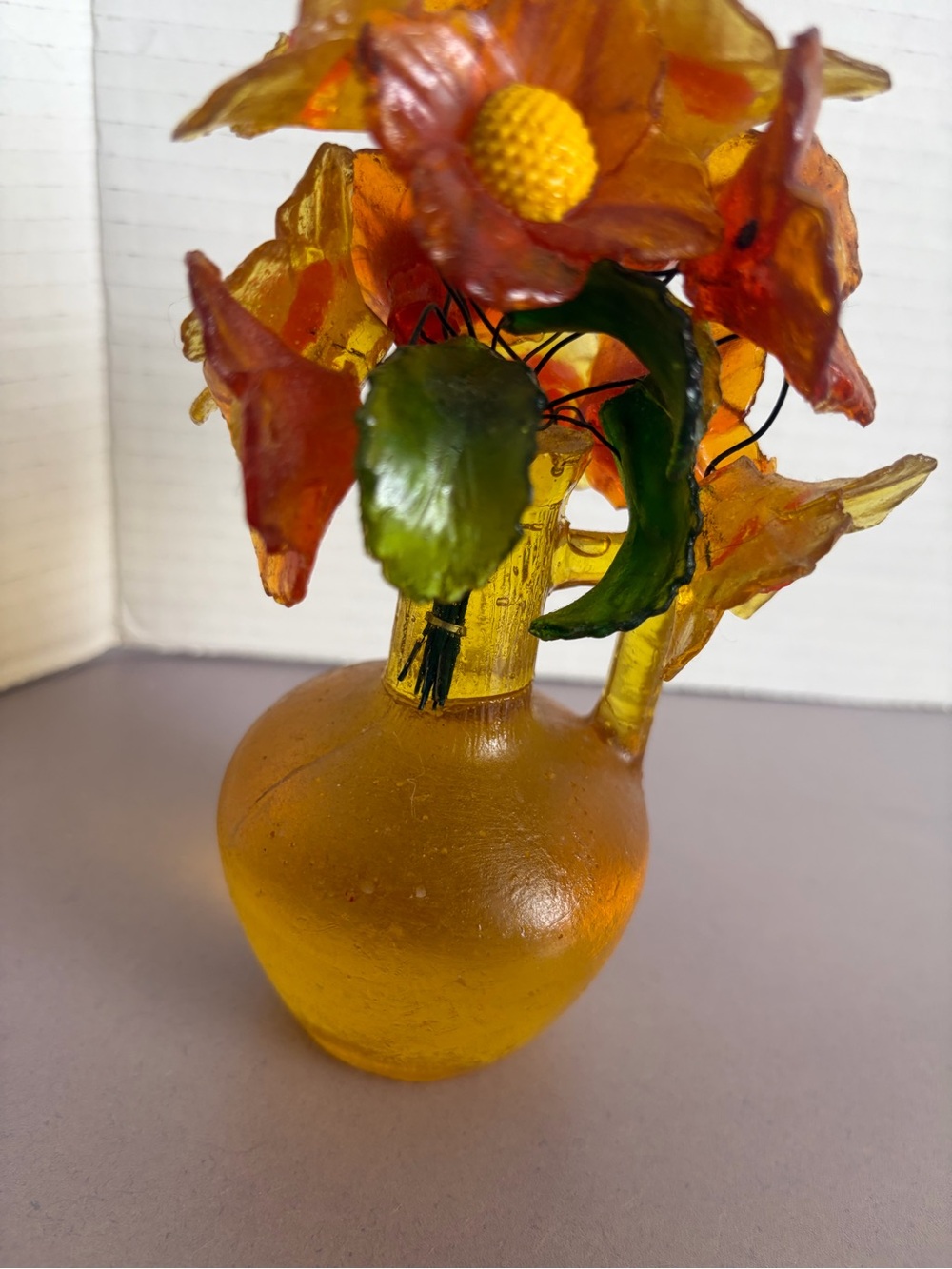 Vintage Lucite Flower Sculpture • Amber Jug Vase - Picture 3 of 8
